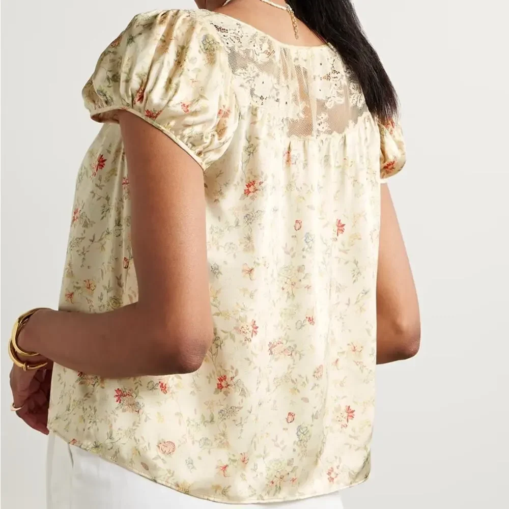 NWT Doen Camri Silk Lace Floral Puff Shoulder Tie Blouse Top Flowering Meadow